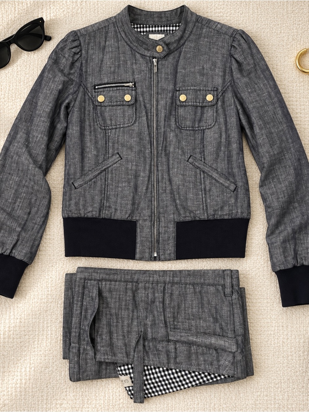 Guess Gray Bomber-Style Jacket with Gold Accents